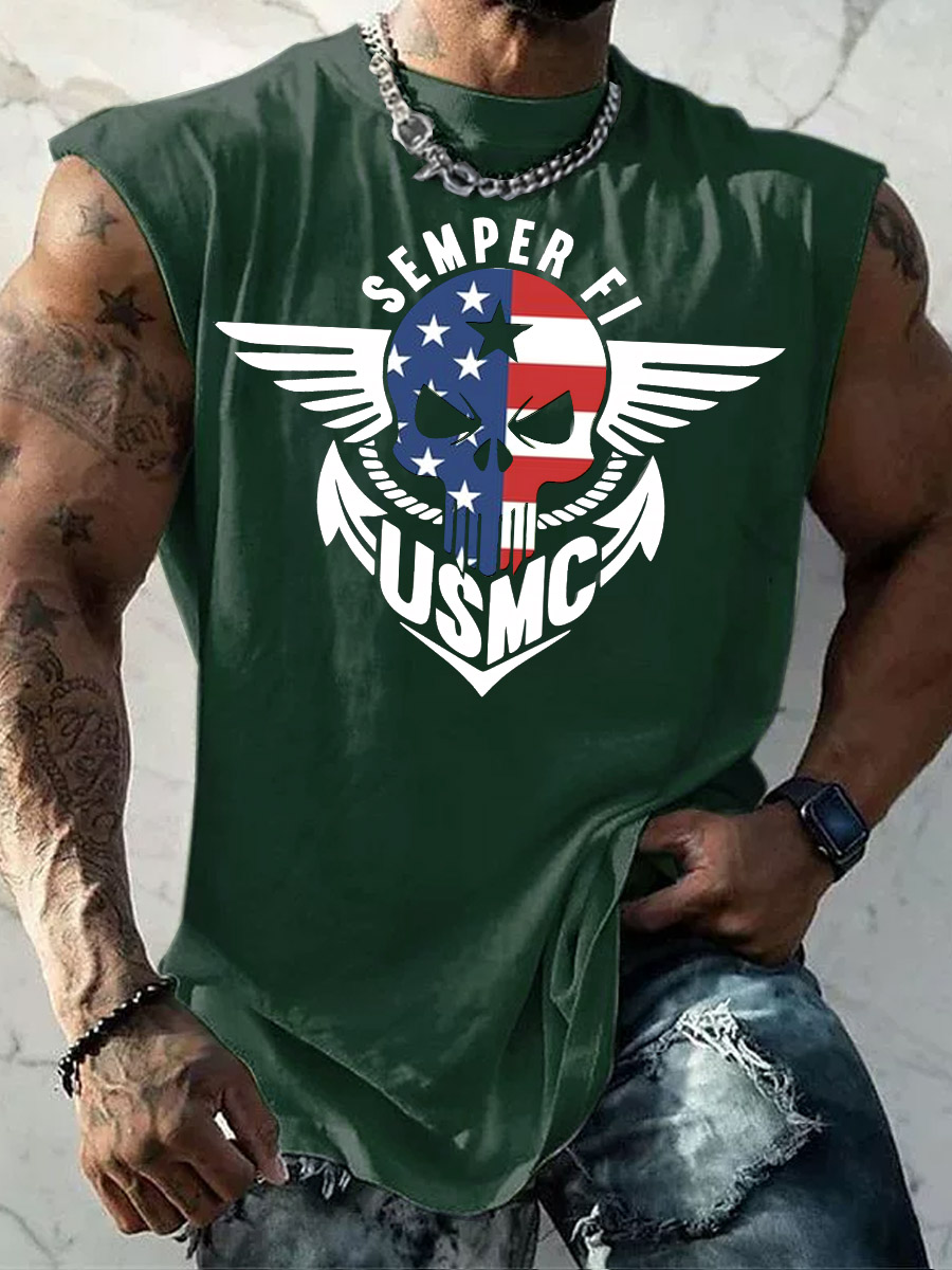 Men's American Skull USMC Semper Fi Pattern Print Vest