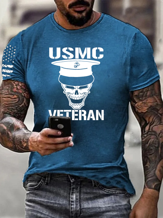 Usmc Skull Veteran Pattern Print 100% Cotton T-Shirt