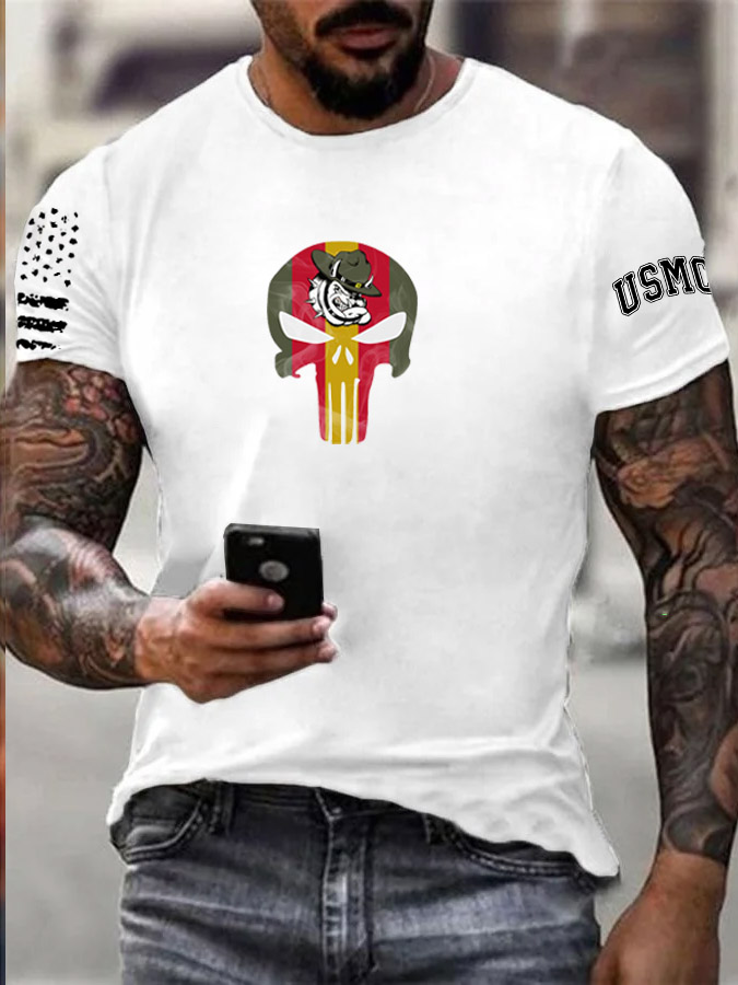 Men's Bulldog Skull Pattern Print 100%Cotton T-Shirt