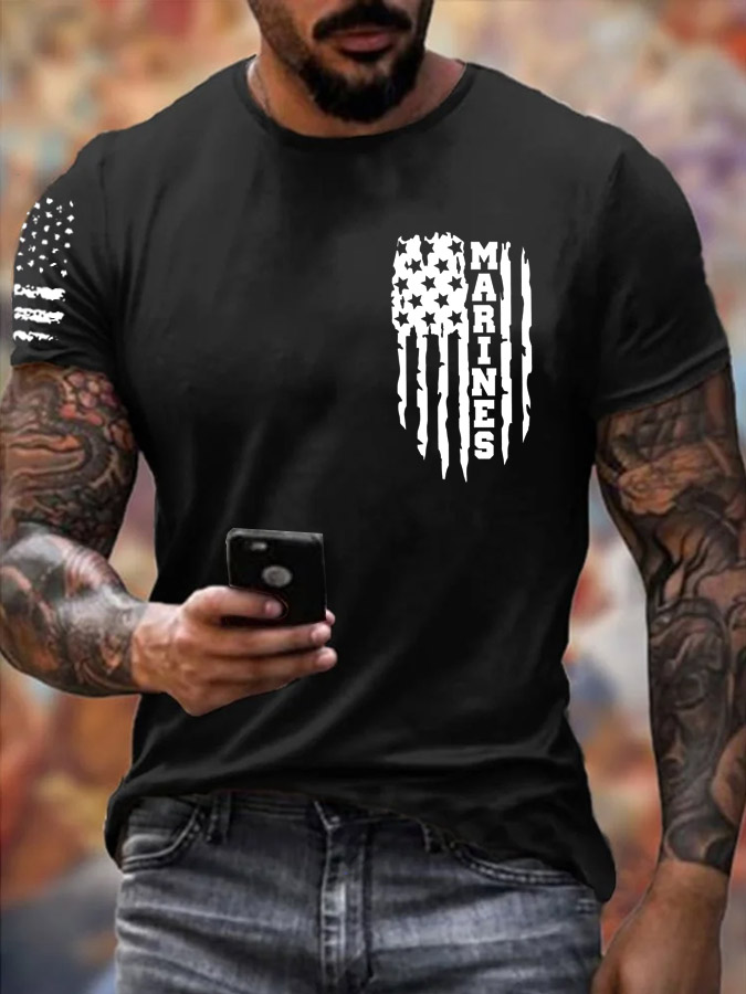 Men'S Simple Marines American Flag Pattern Print Cotton T-Shirt