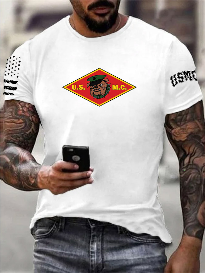 Men's Bulldog USMC Pattern Print 100%Cotton T-Shirt