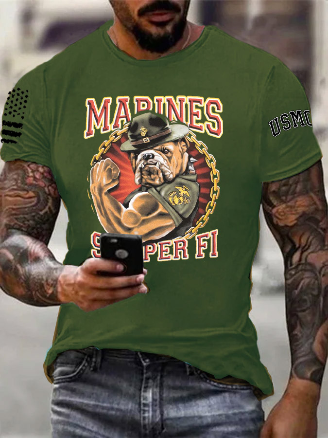 Men's Marines Semper Fi Strong Bulldogs Pattern Print Cotton T-Shirt