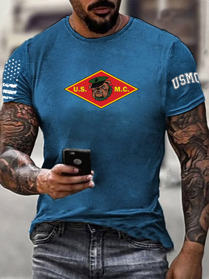 Men's Bulldog USMC Pattern Print 100%Cotton T-Shirt