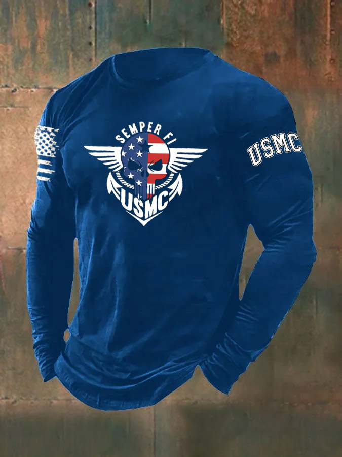 Men's Skull American Flag Semper Fi Pattern Long Sleeve T-Shirt