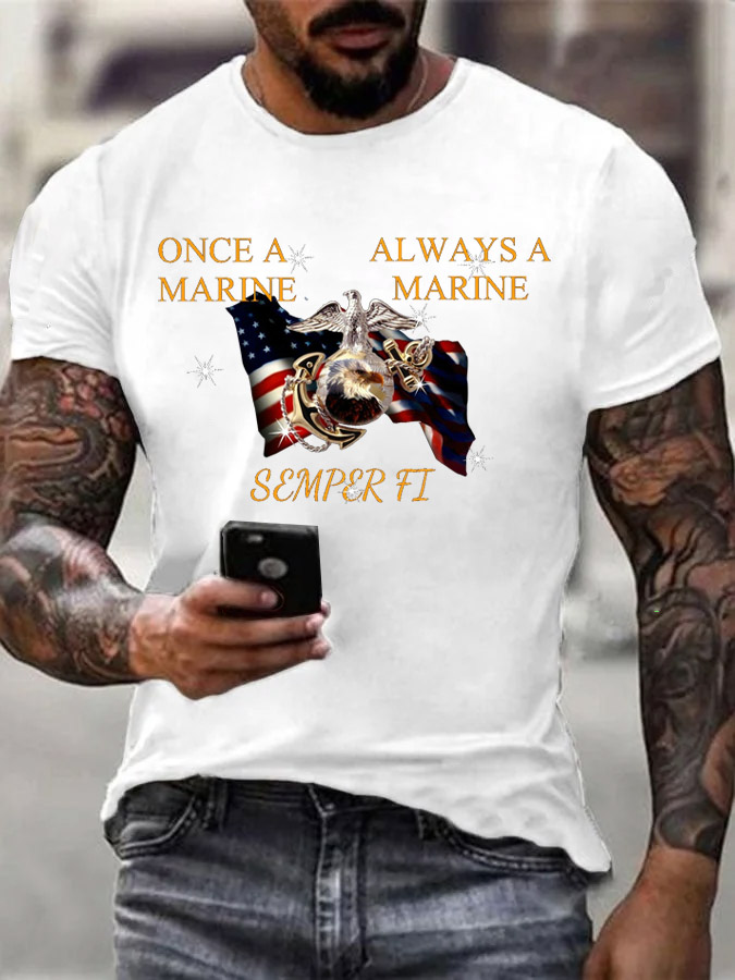 Men's Once A Marine  Always A Marine Semper Fi Pattern Print Cotton T-Shirt