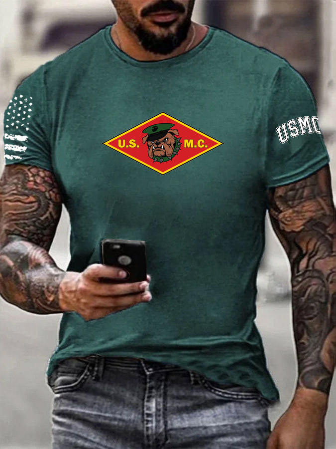 Men's Bulldog USMC Pattern Print 100%Cotton T-Shirt