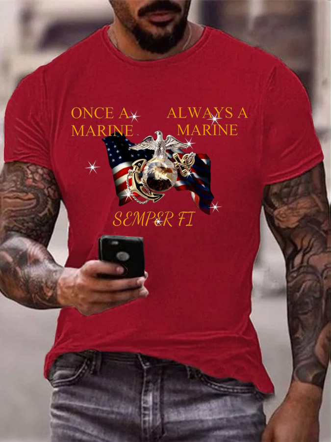 Men's Once A Marine  Always A Marine Semper Fi Pattern Print Cotton T-Shirt