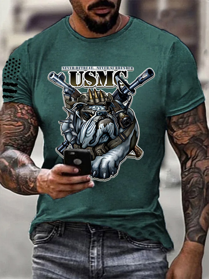 Men's Usmc Cool Bulldog And Gun Pattern Print Cotton T-Shirt