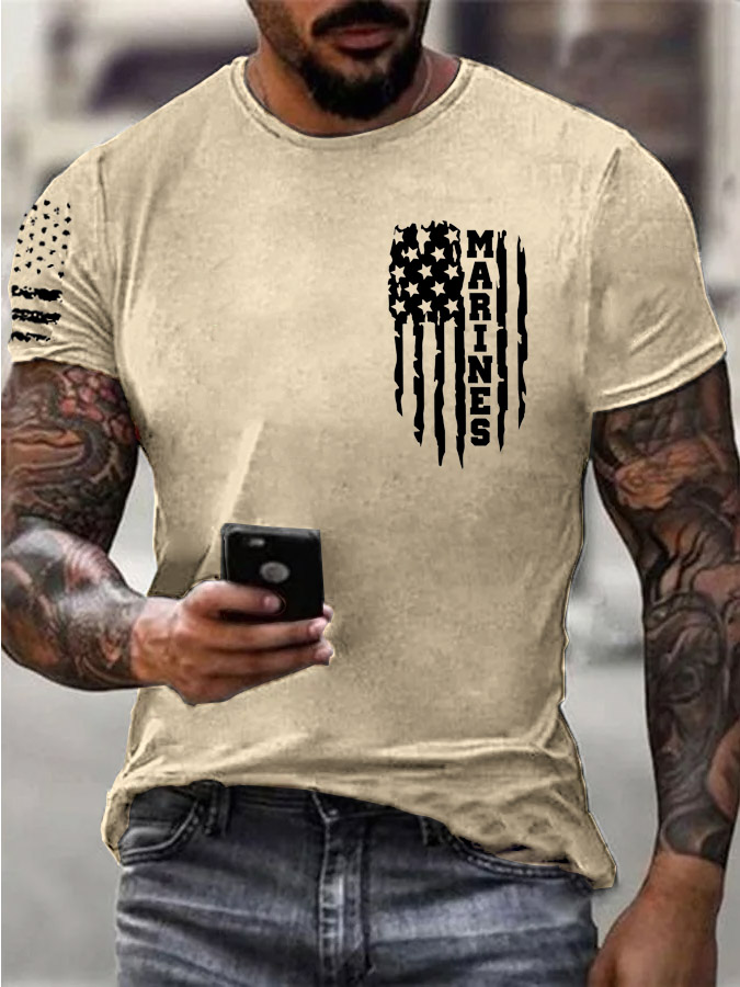Men'S Simple Marines American Flag Pattern Print Cotton T-Shirt