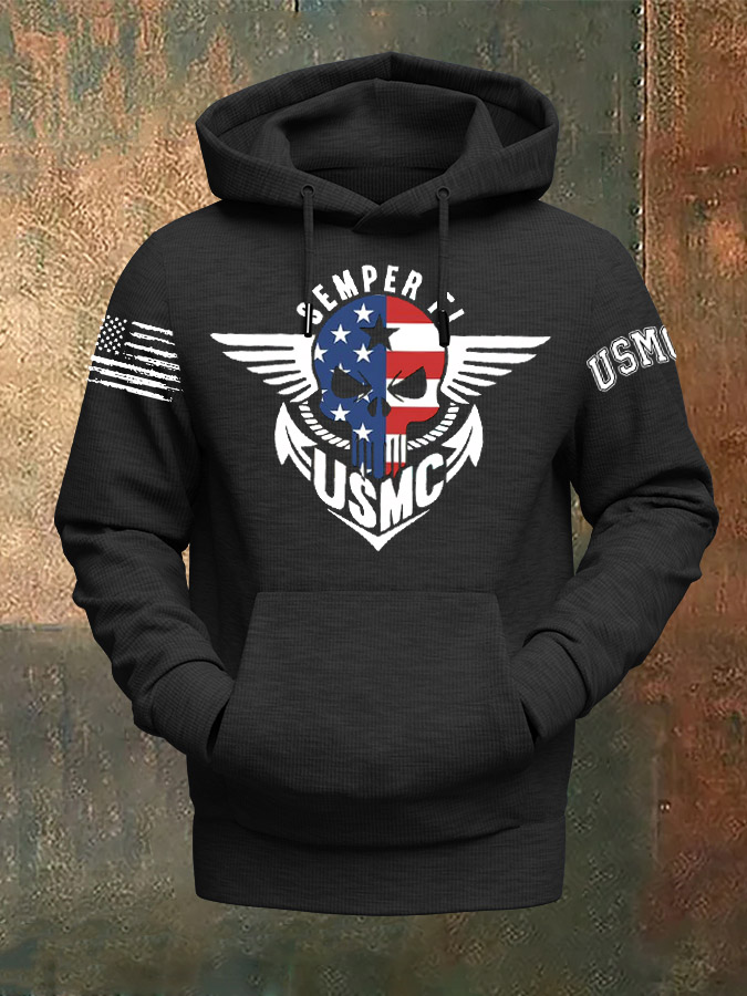 Skull American Flag Semper Fi Pattern Print Classic Hoodie