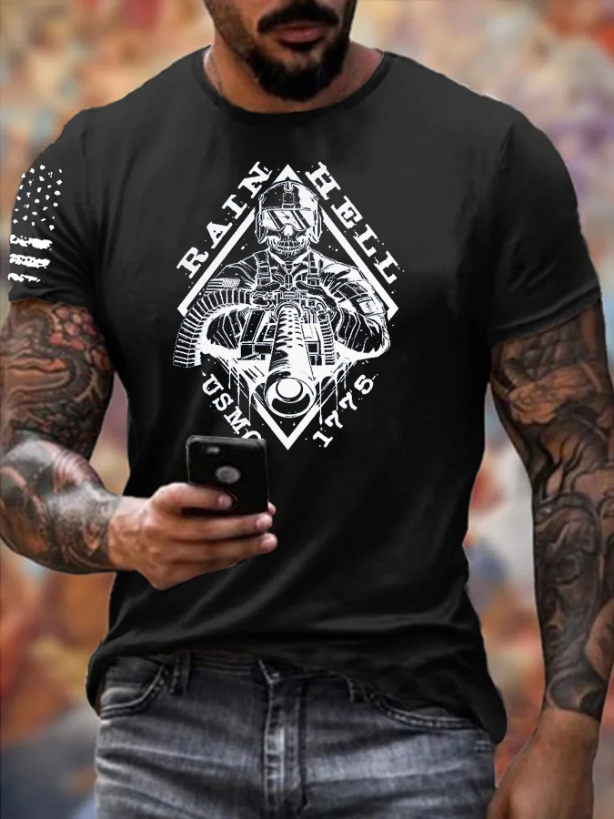 Usmc 1776 Pattern Print 100% Cotton T-Shirt