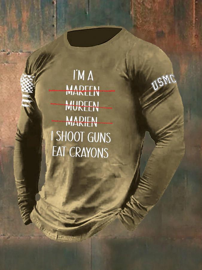 Men's Marines Shot Guns Eat Crayons Pattern Long Sleeve T-Shirt