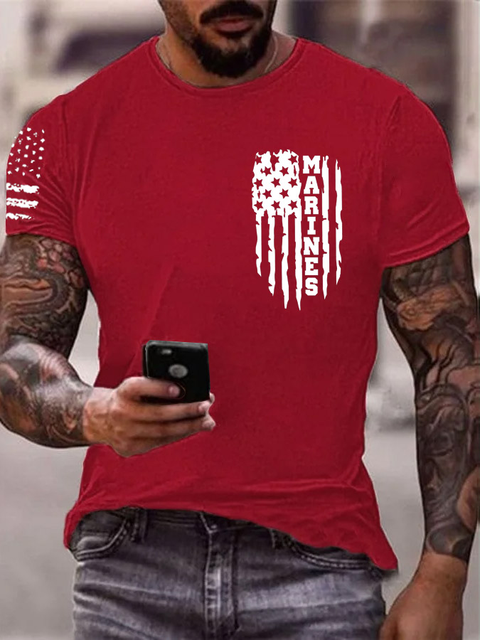 Men'S Simple Marines American Flag Pattern Print Cotton T-Shirt