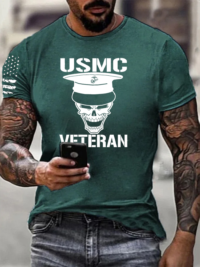 Usmc Skull Veteran Pattern Print 100% Cotton T-Shirt
