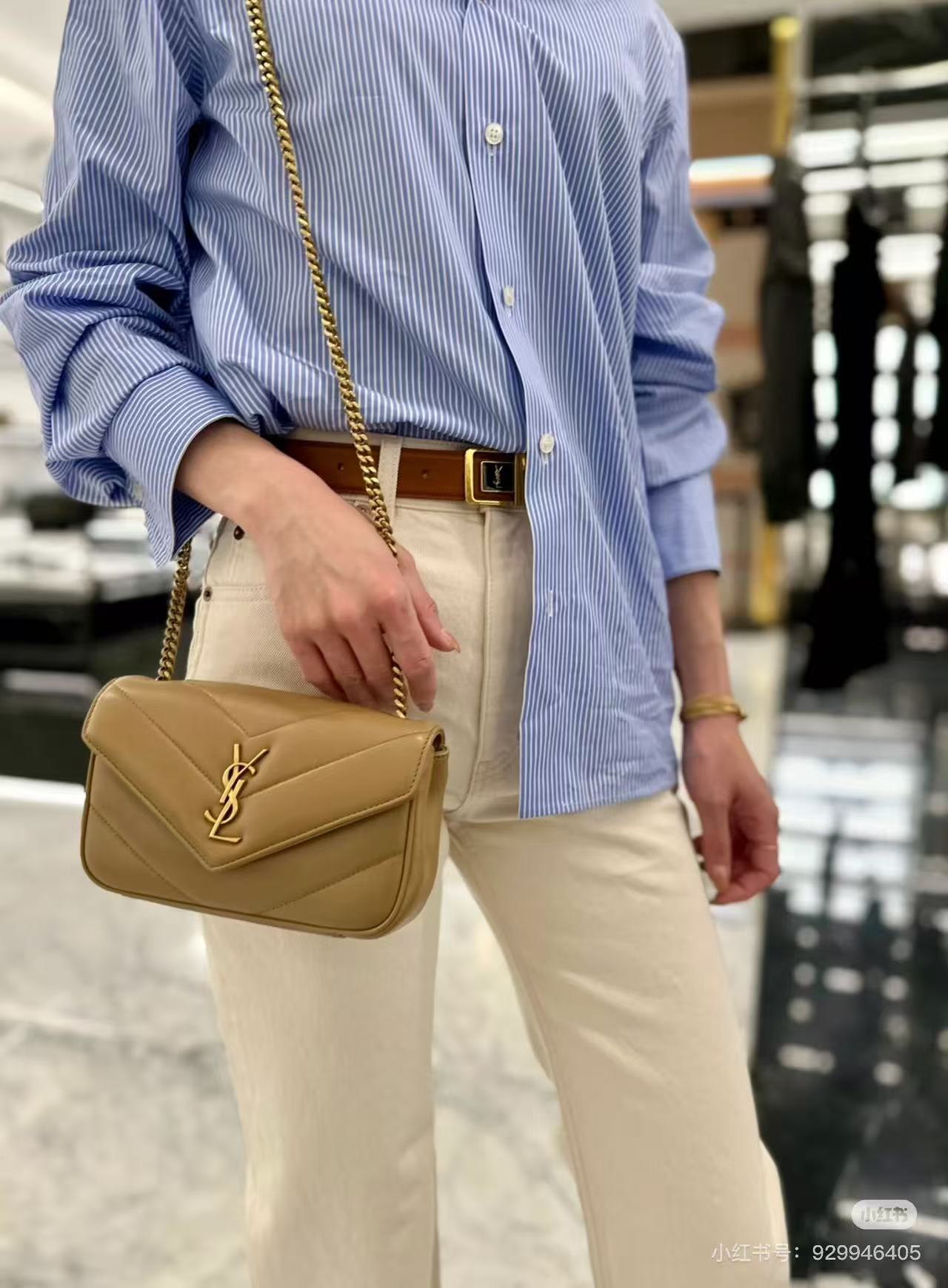 SAINT LAURENT圣罗兰 YSL LOULOU 古铜色五金配件 绵羊皮 手提单肩包 小号 女款 酒红色 棕色