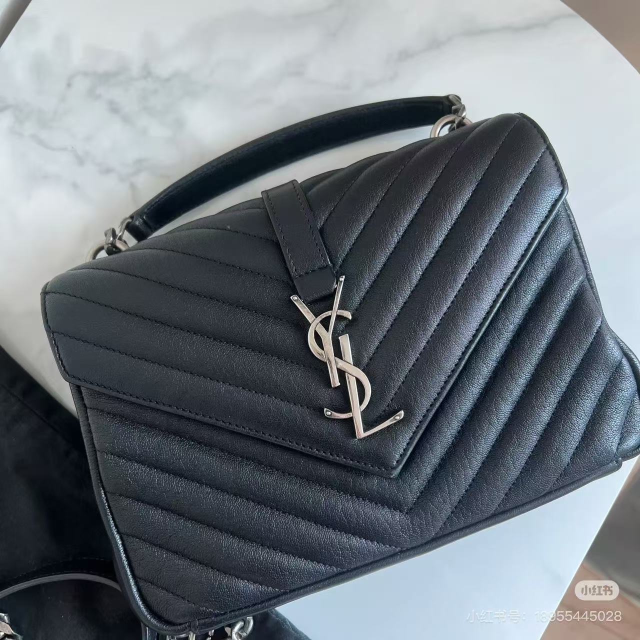 SAINT LAURENT圣罗兰 YSL College 银标Logo绗缝链条 小羊皮拼鞣制皮革 手提斜挎单肩包 中号 女款 黑色