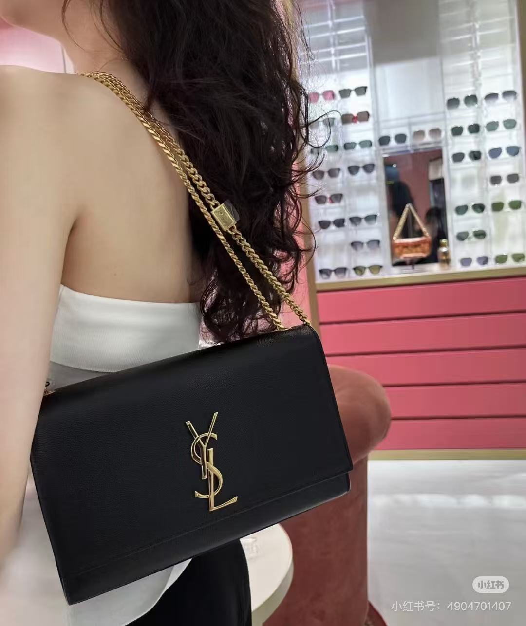 SAINT LAURENT圣罗兰 Kate 金银标Logo链条 粒面压印皮革 斜挎单肩包 中号 女款 黑色