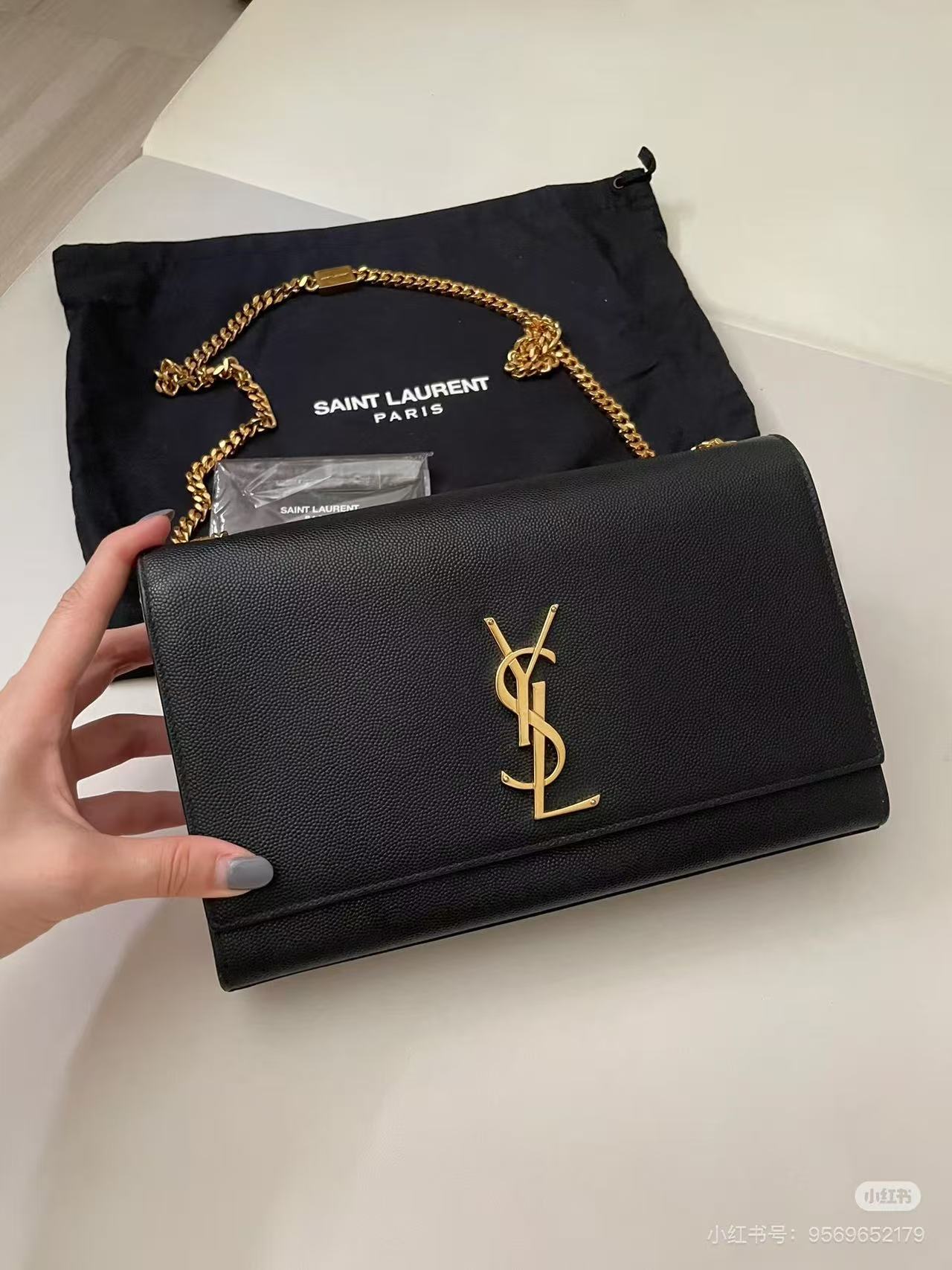 SAINT LAURENT圣罗兰 Kate 金银标Logo链条 粒面压印皮革 斜挎单肩包 中号 女款 黑色