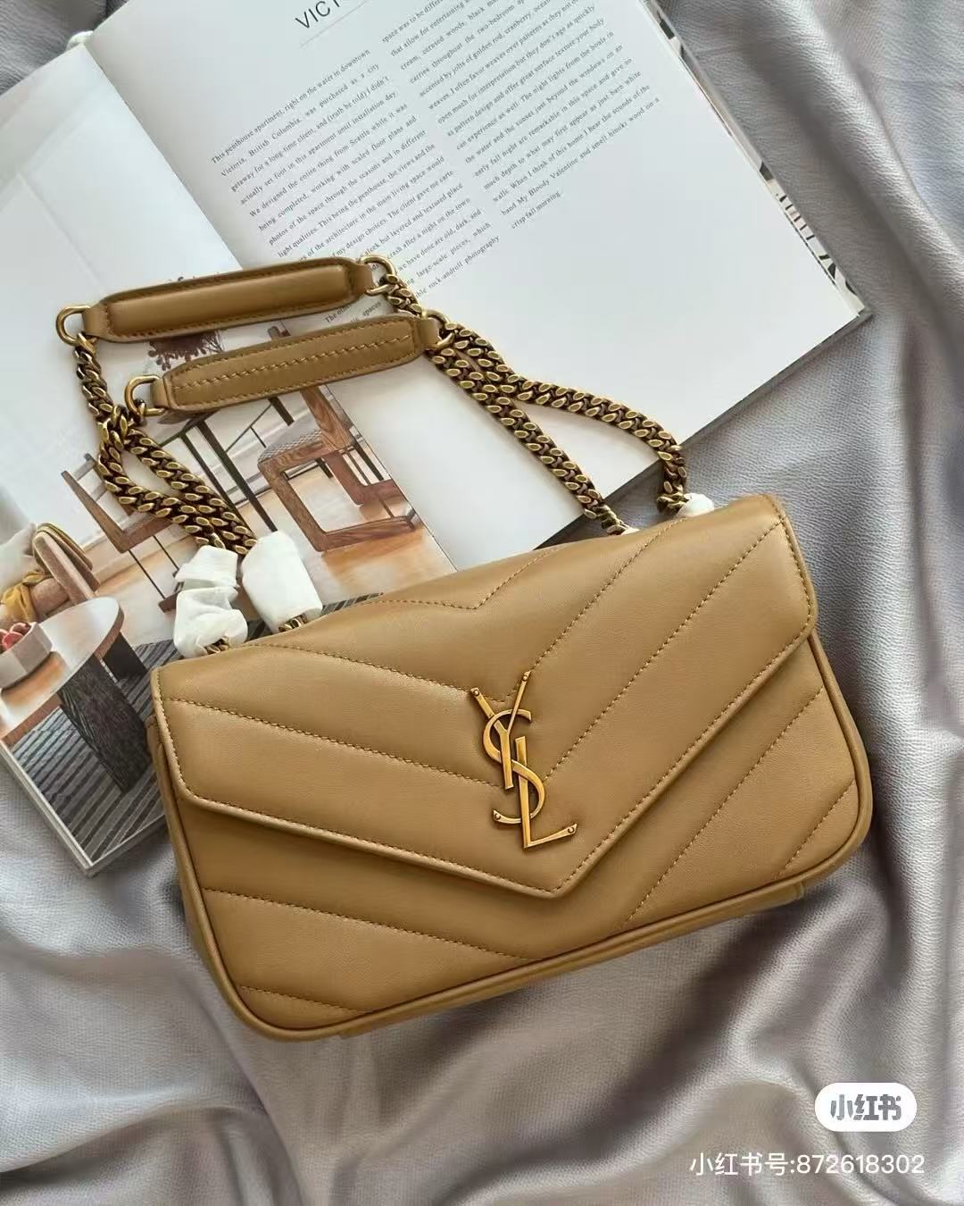 SAINT LAURENT圣罗兰 YSL LOULOU 古铜色五金配件 绵羊皮 手提单肩包 小号 女款 酒红色 棕色