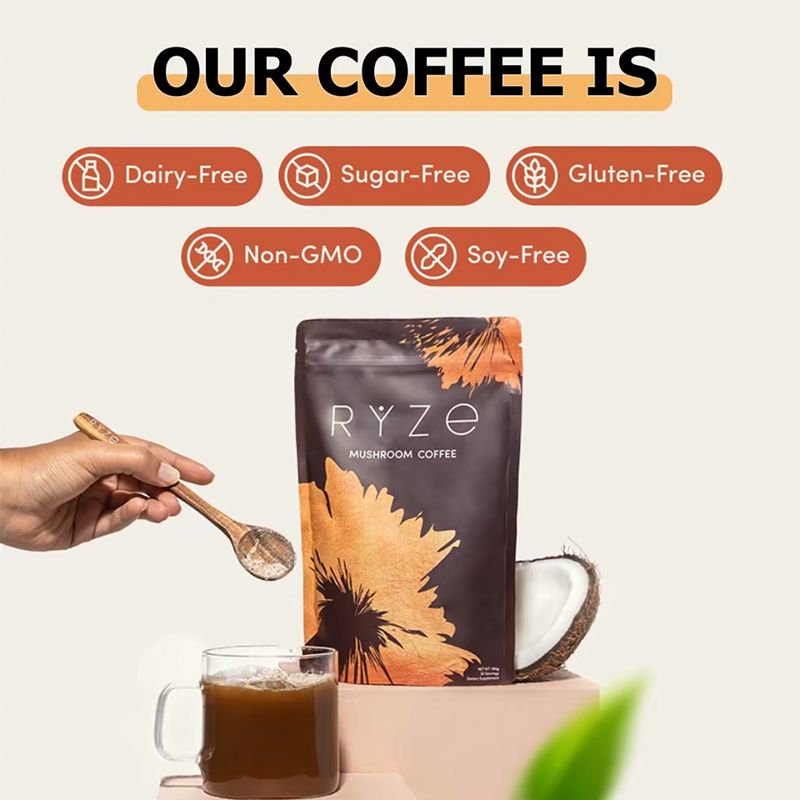 RYZE Mushroom Coffee USDA Organic with 6 Adaptogenic Mushrooms and MCT Oil, USA Grown Instant Coffee for Better Energy, Focus, Digestion, Immunity with Turkey Tail, Shiitake, Lion's Mane, 30 Servings