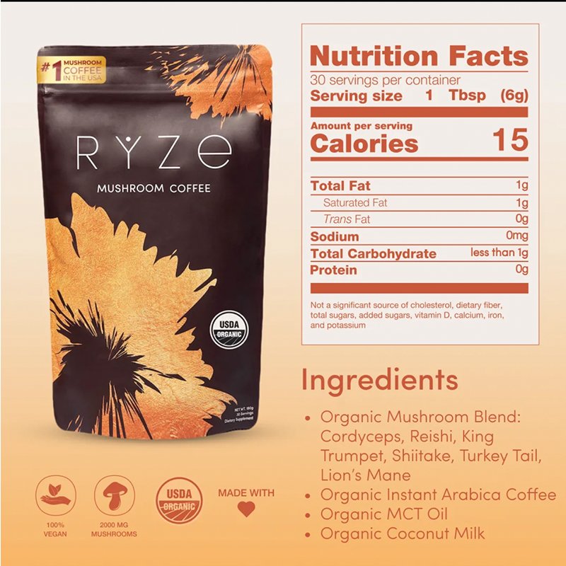 RYZE Mushroom Coffee USDA Organic with 6 Adaptogenic Mushrooms and MCT Oil, USA Grown Instant Coffee for Better Energy, Focus, Digestion, Immunity with Turkey Tail, Shiitake, Lion's Mane, 30 Servings
