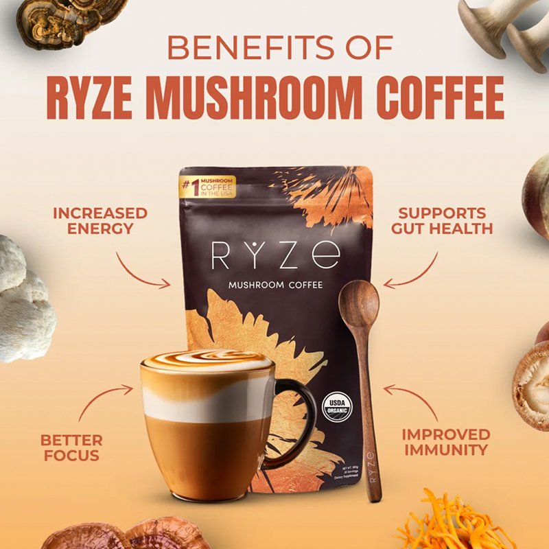 RYZE Mushroom Coffee USDA Organic with 6 Adaptogenic Mushrooms and MCT Oil, USA Grown Instant Coffee for Better Energy, Focus, Digestion, Immunity with Turkey Tail, Shiitake, Lion's Mane, 30 Servings