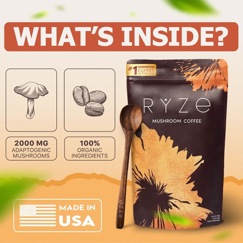RYZE Mushroom Coffee USDA Organic with 6 Adaptogenic Mushrooms and MCT Oil, USA Grown Instant Coffee for Better Energy, Focus, Digestion, Immunity with Turkey Tail, Shiitake, Lion's Mane, 30 Servings