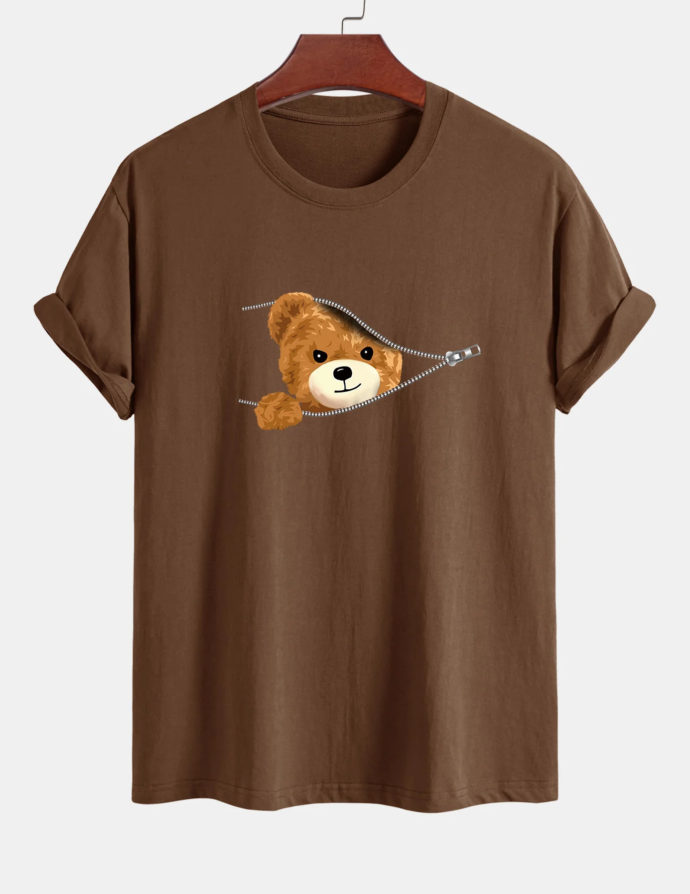 Regular Fit Zipper Bear Print Cotton T-Shirt