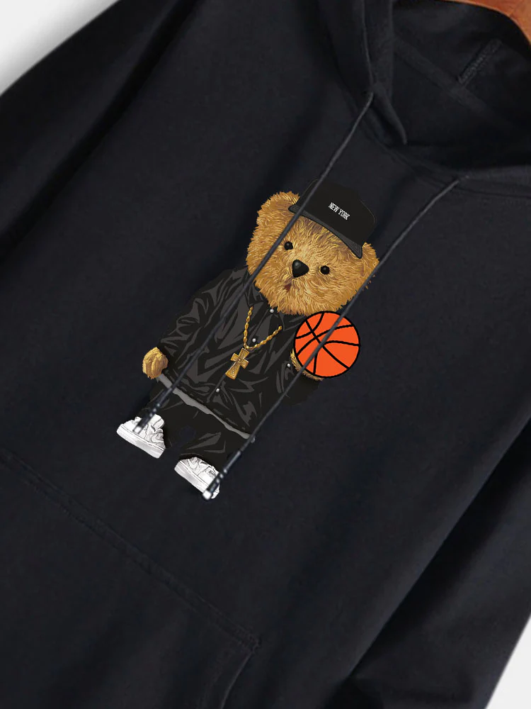 Basketball Bear Print Cotton Hoodie