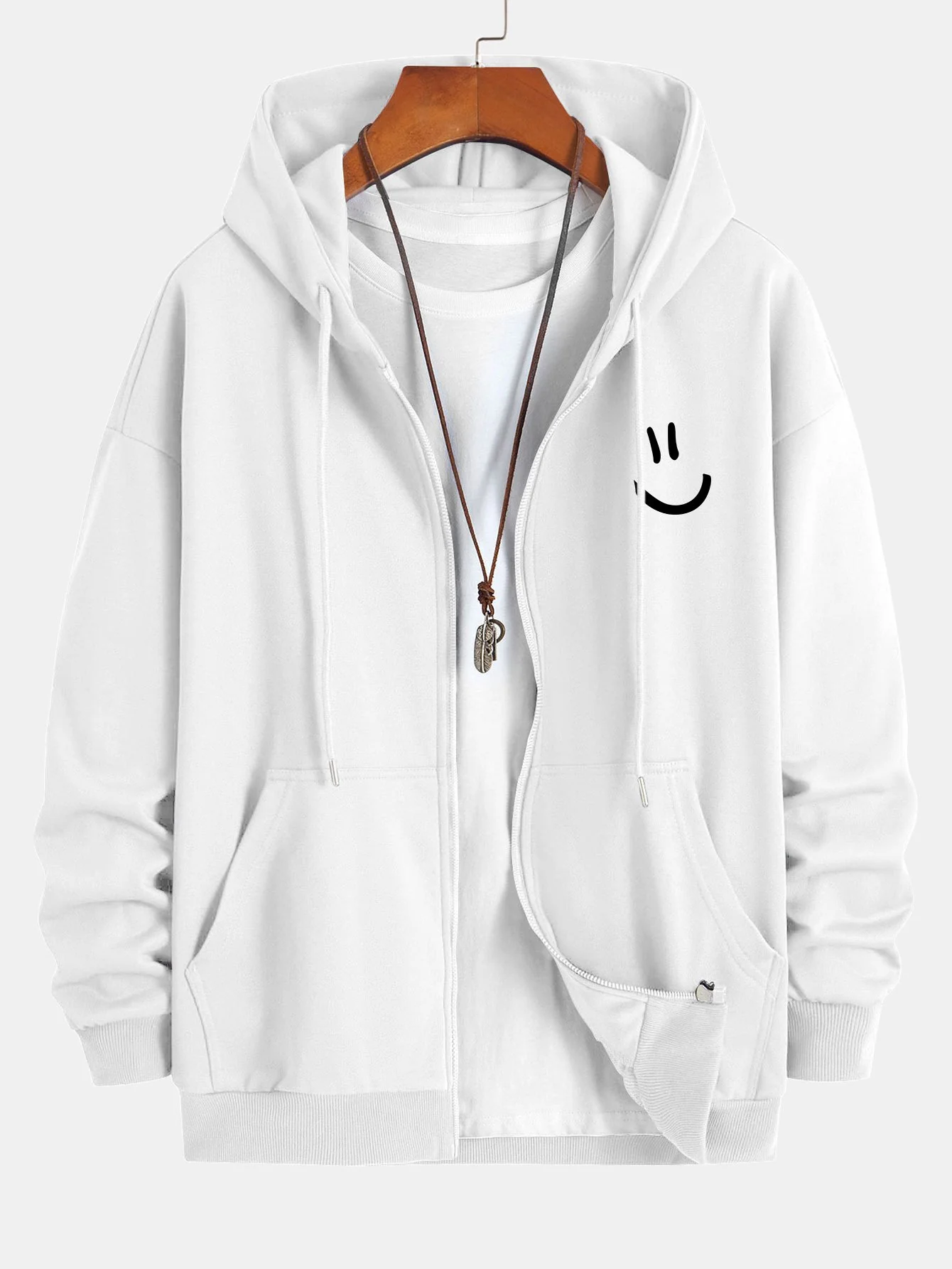 Smiley Face Print Relax Fit Zip Hoodie