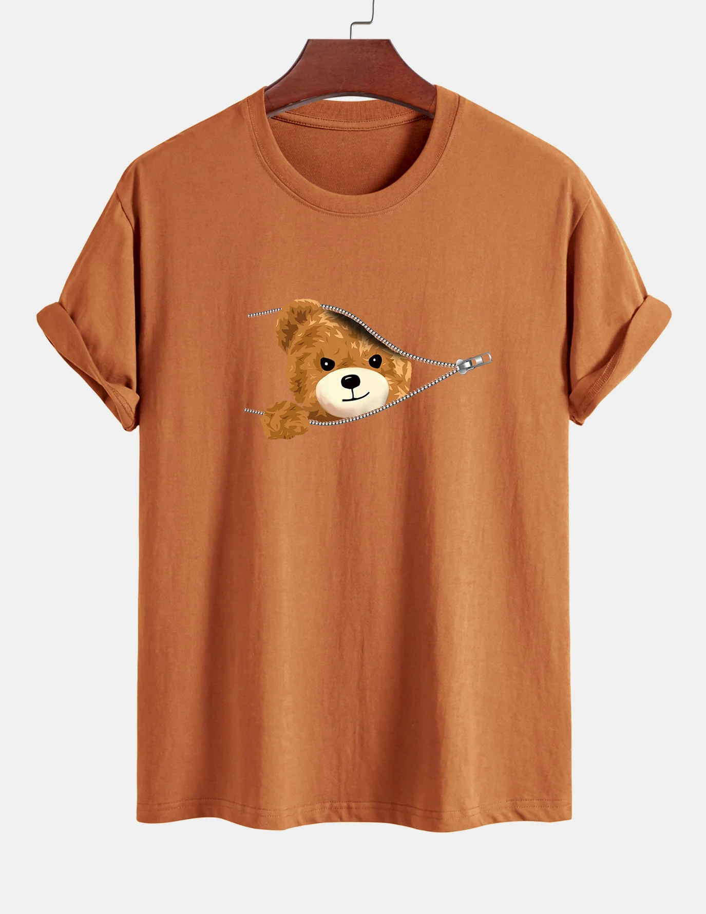 Regular Fit Zipper Bear Print Cotton T-Shirt