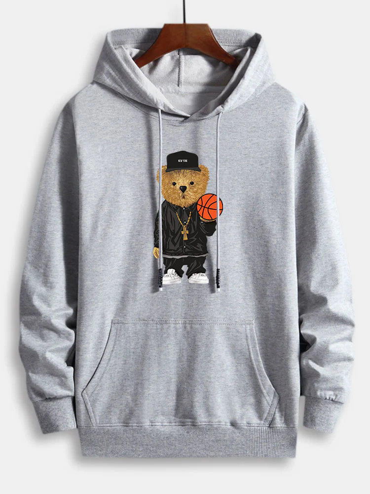 Basketball Bear Print Cotton Hoodie