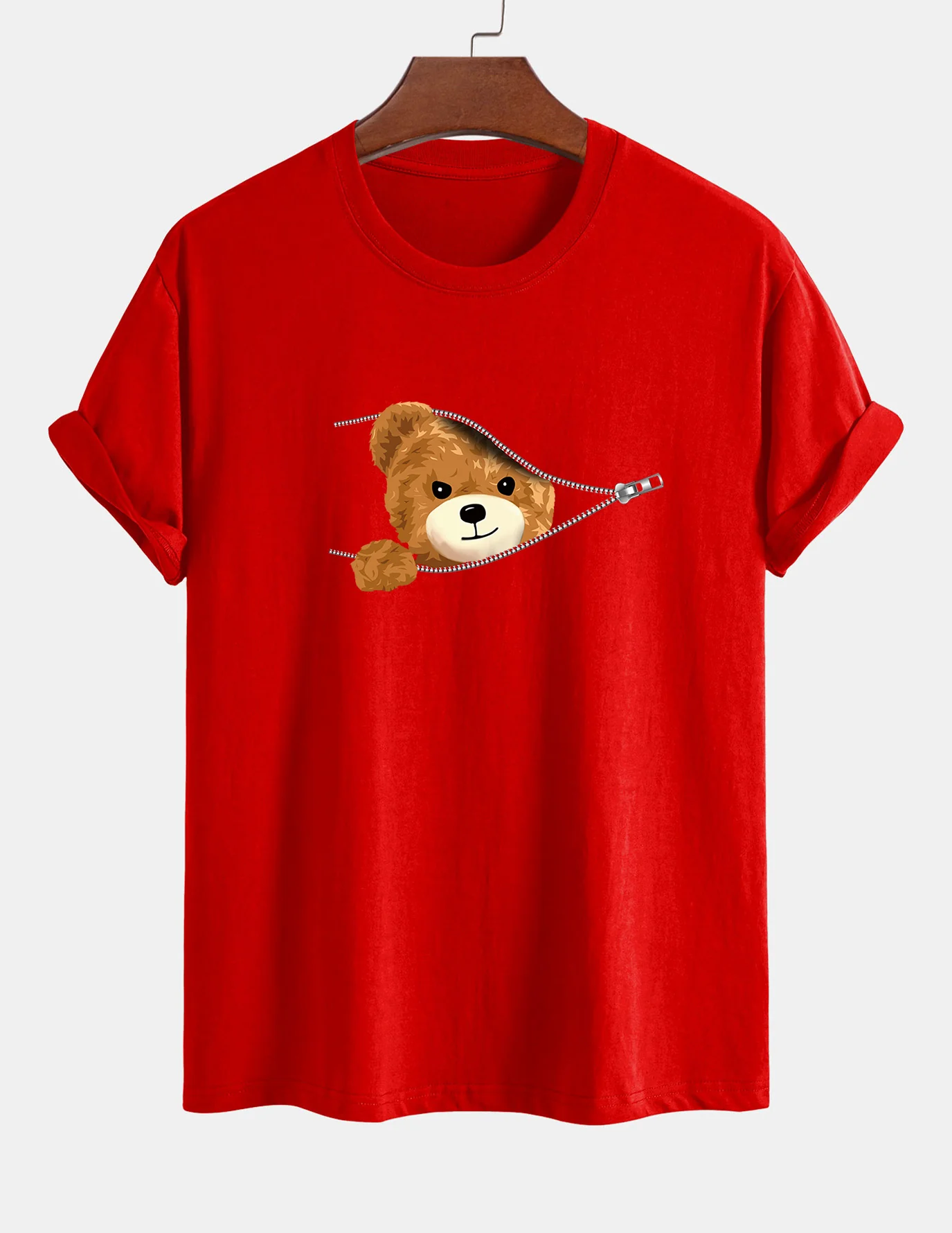 Regular Fit Zipper Bear Print Cotton T-Shirt