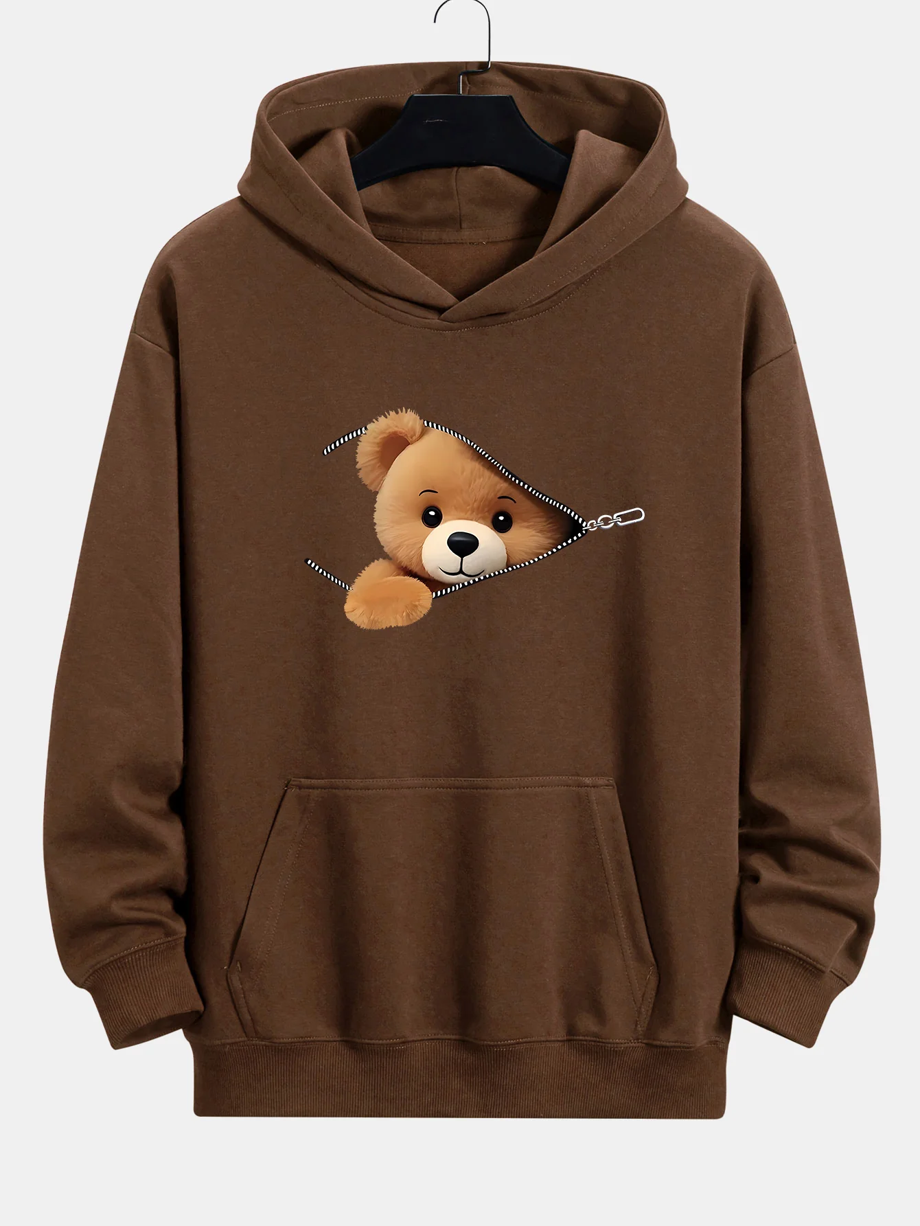 Zipper Bear Print Relax Fit Hoodie
