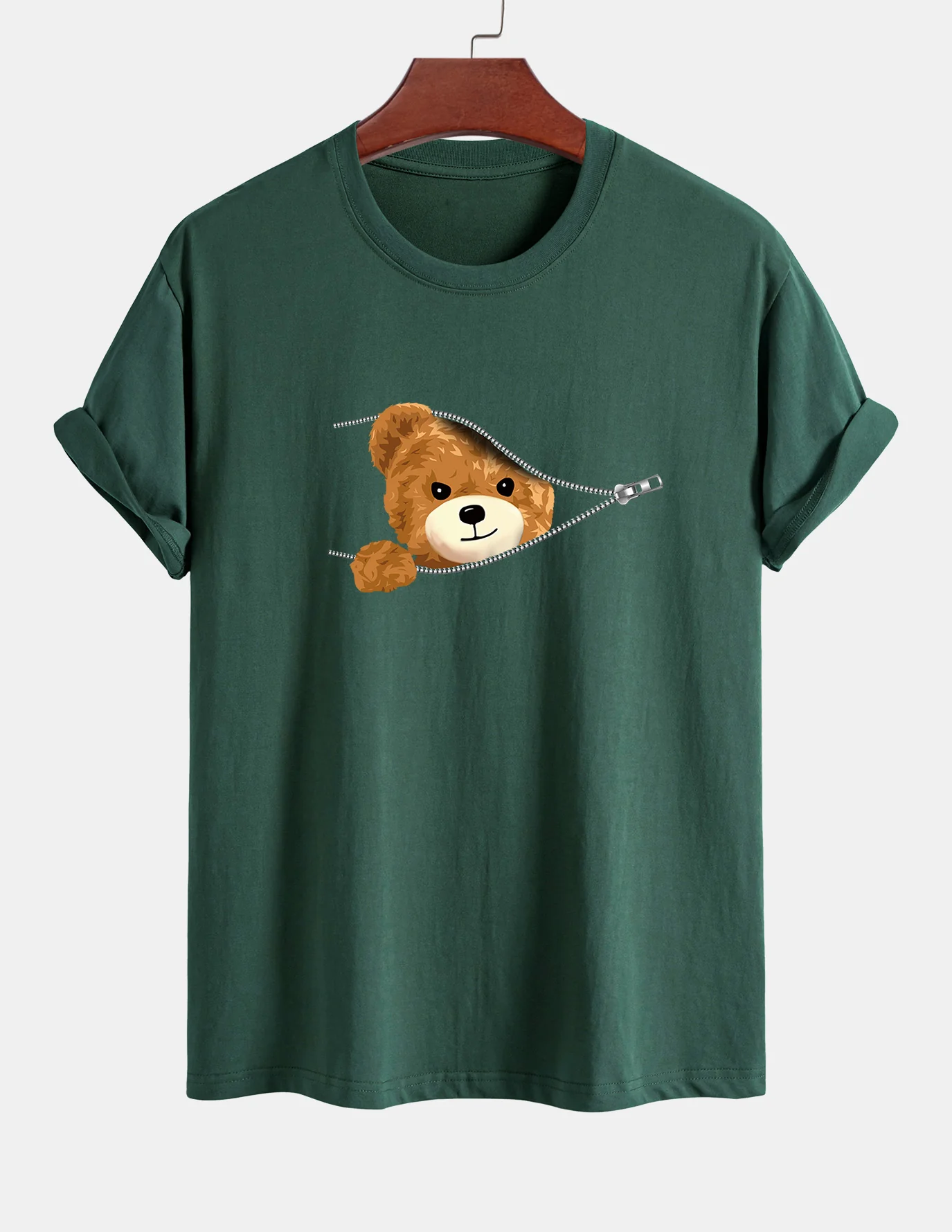 Regular Fit Zipper Bear Print Cotton T-Shirt