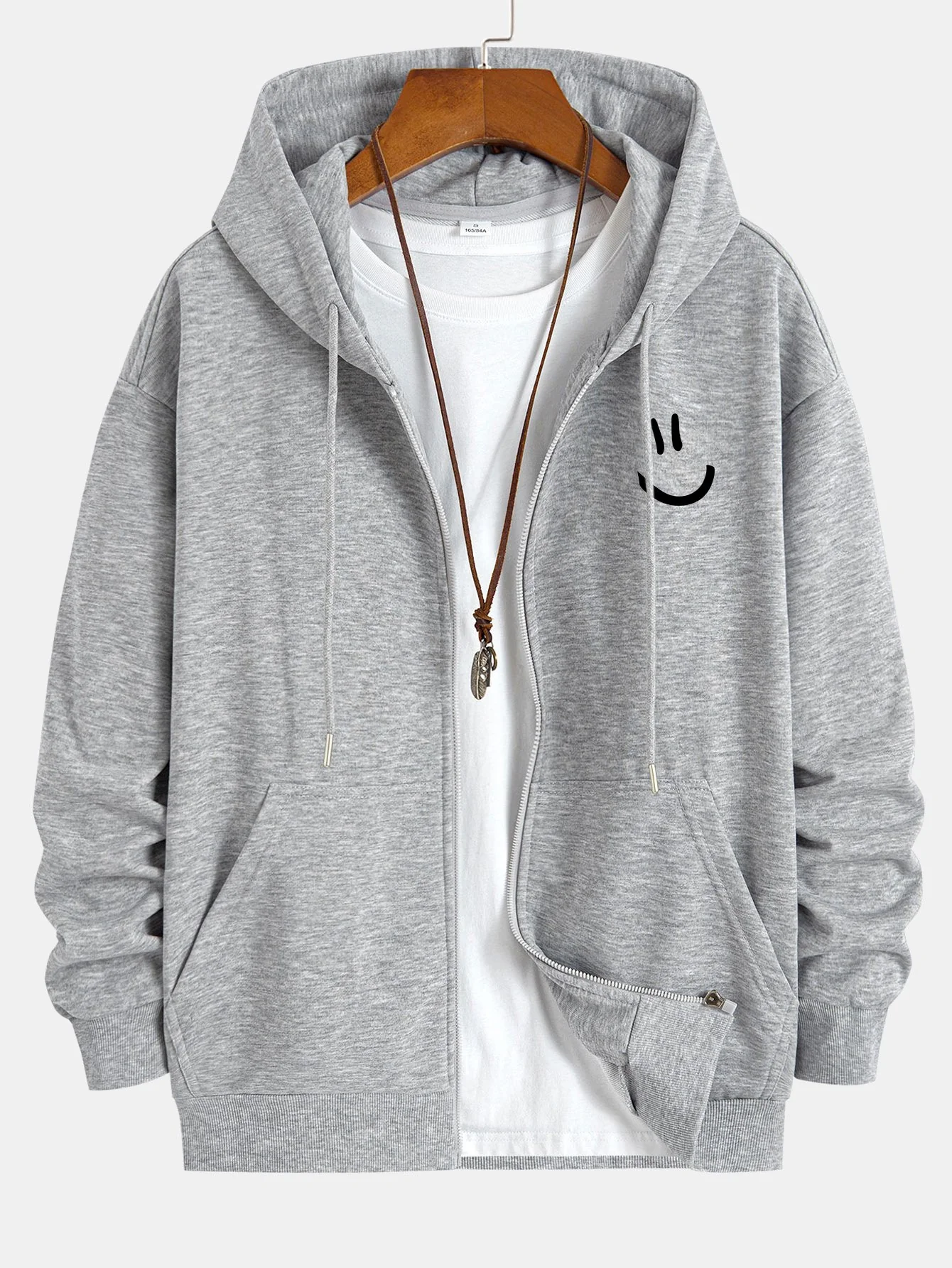 Smiley Face Print Relax Fit Zip Hoodie