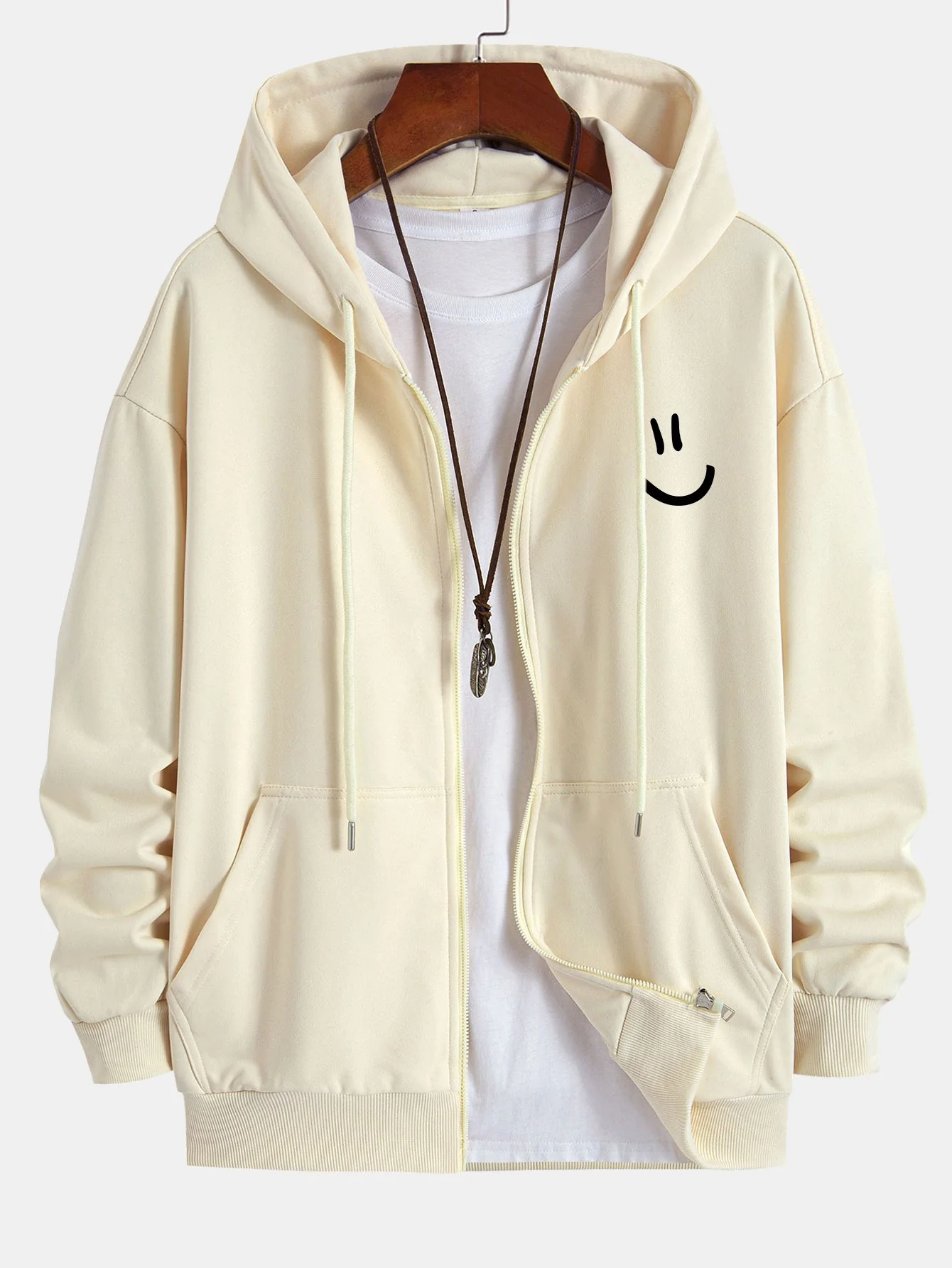 Smiley Face Print Relax Fit Zip Hoodie