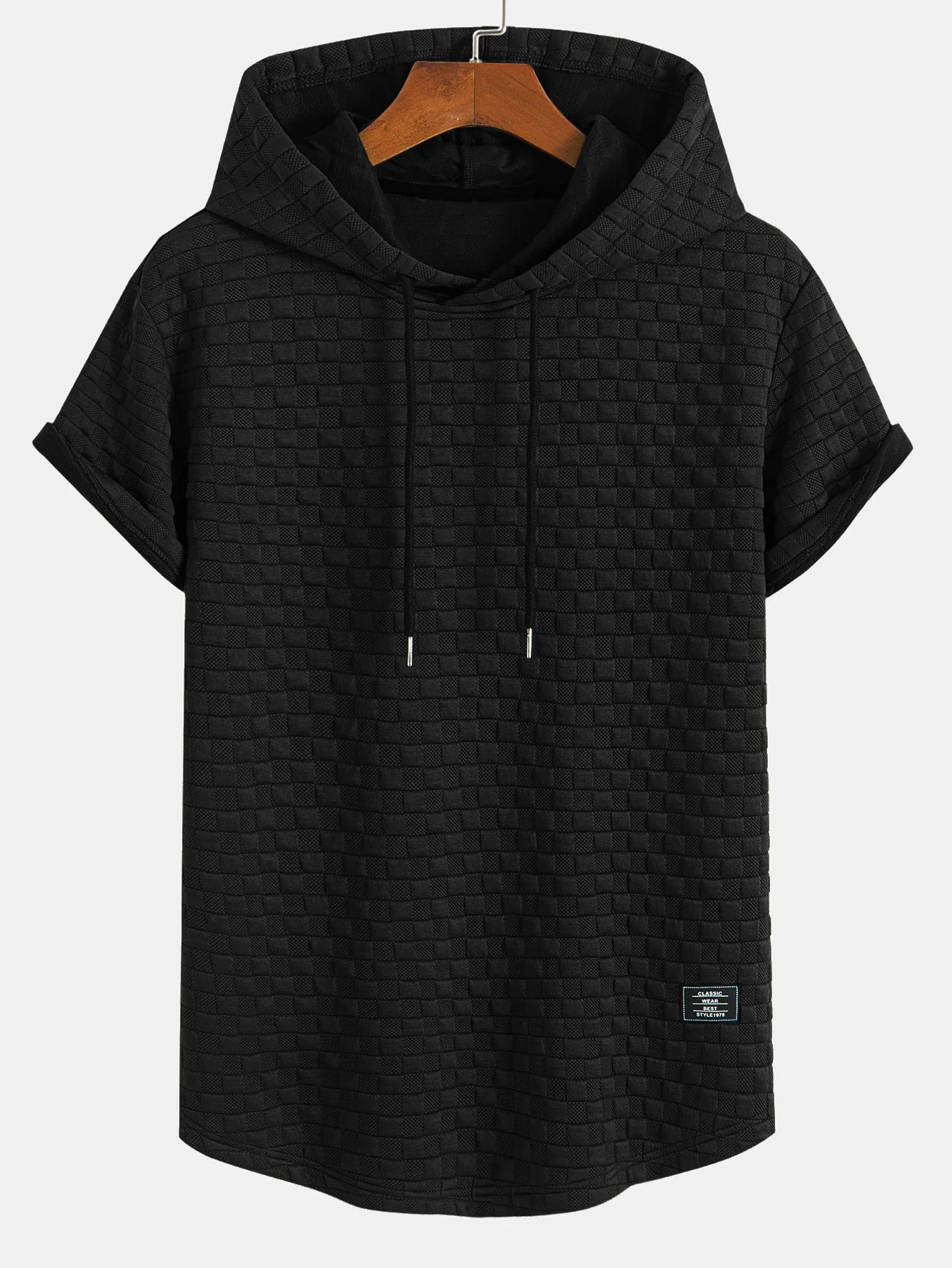 Checkerboard Jacquard  Arc Hem Hooded T-Shirt