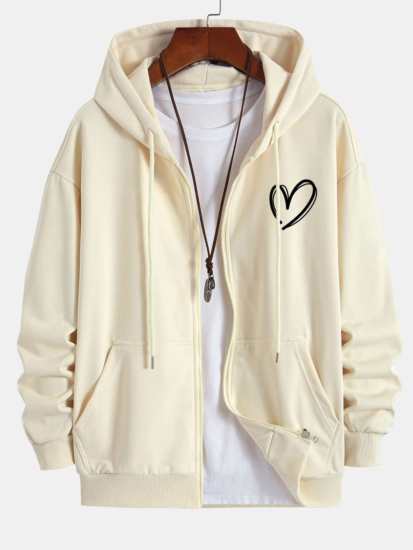 Heart Print Relax Fit Zip Hoodie