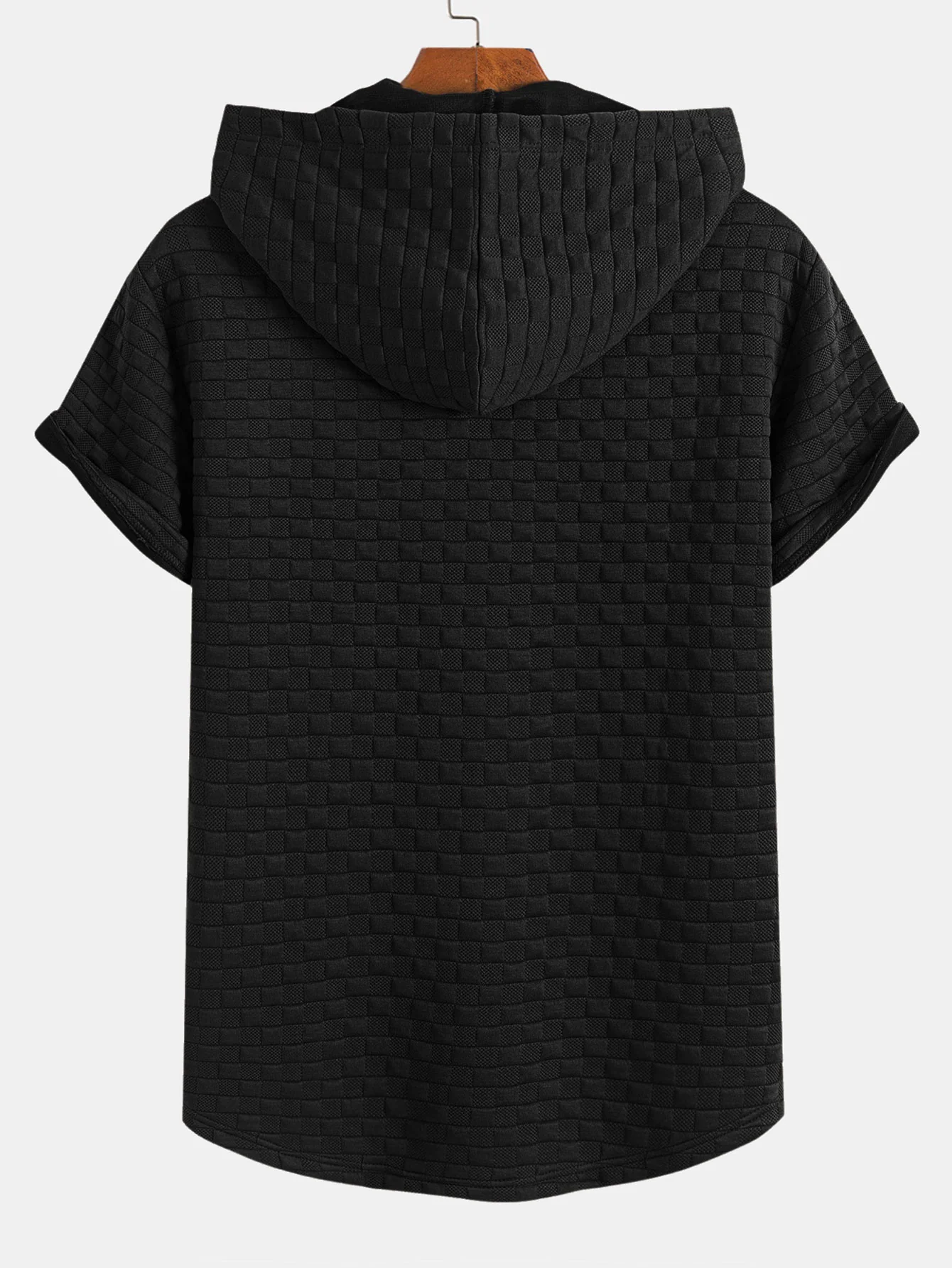 Checkerboard Jacquard  Arc Hem Hooded T-Shirt