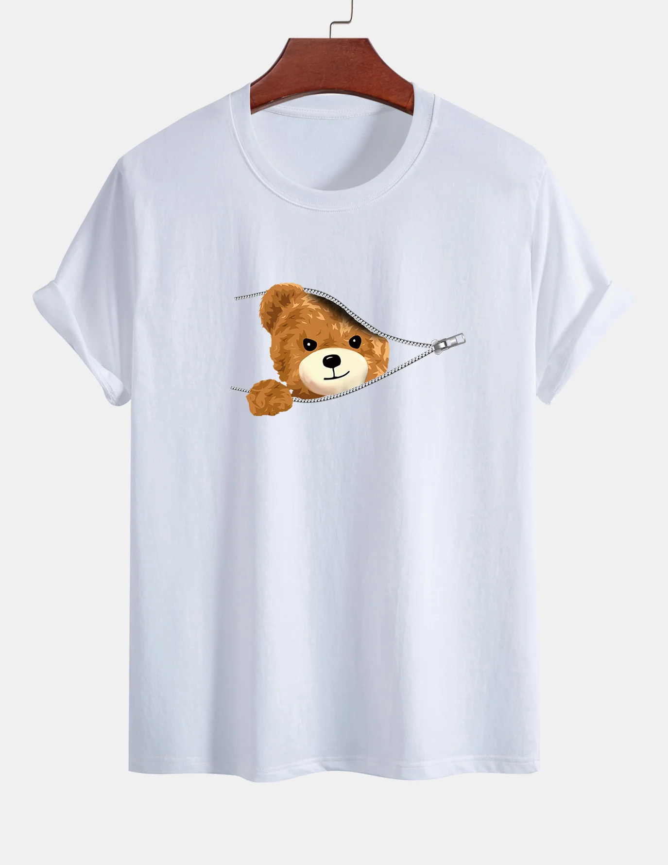 Regular Fit Zipper Bear Print Cotton T-Shirt