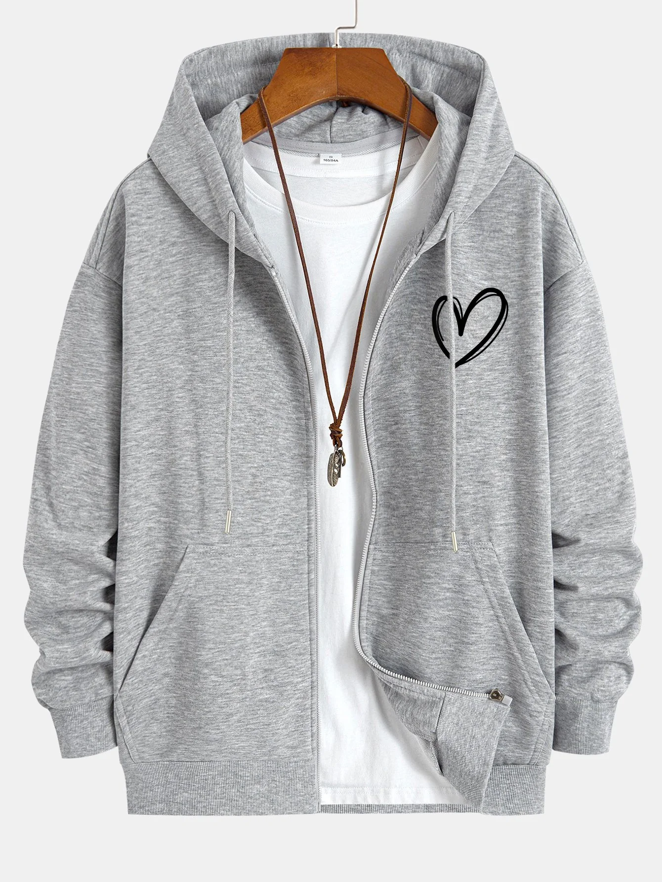 Heart Print Relax Fit Zip Hoodie