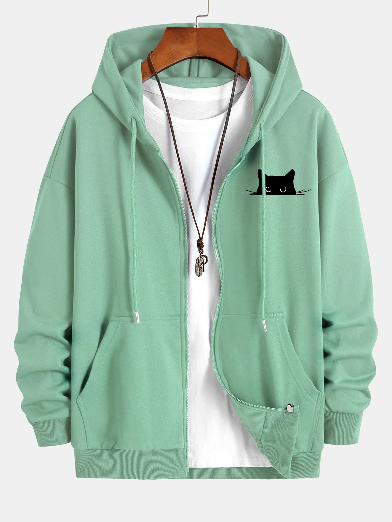 Black Cat Print Relax Fit Zip Hoodie