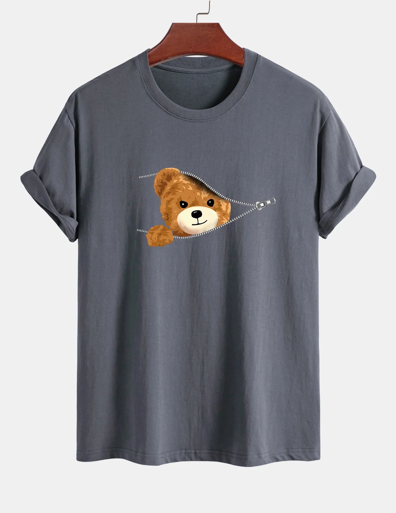 Regular Fit Zipper Bear Print Cotton T-Shirt