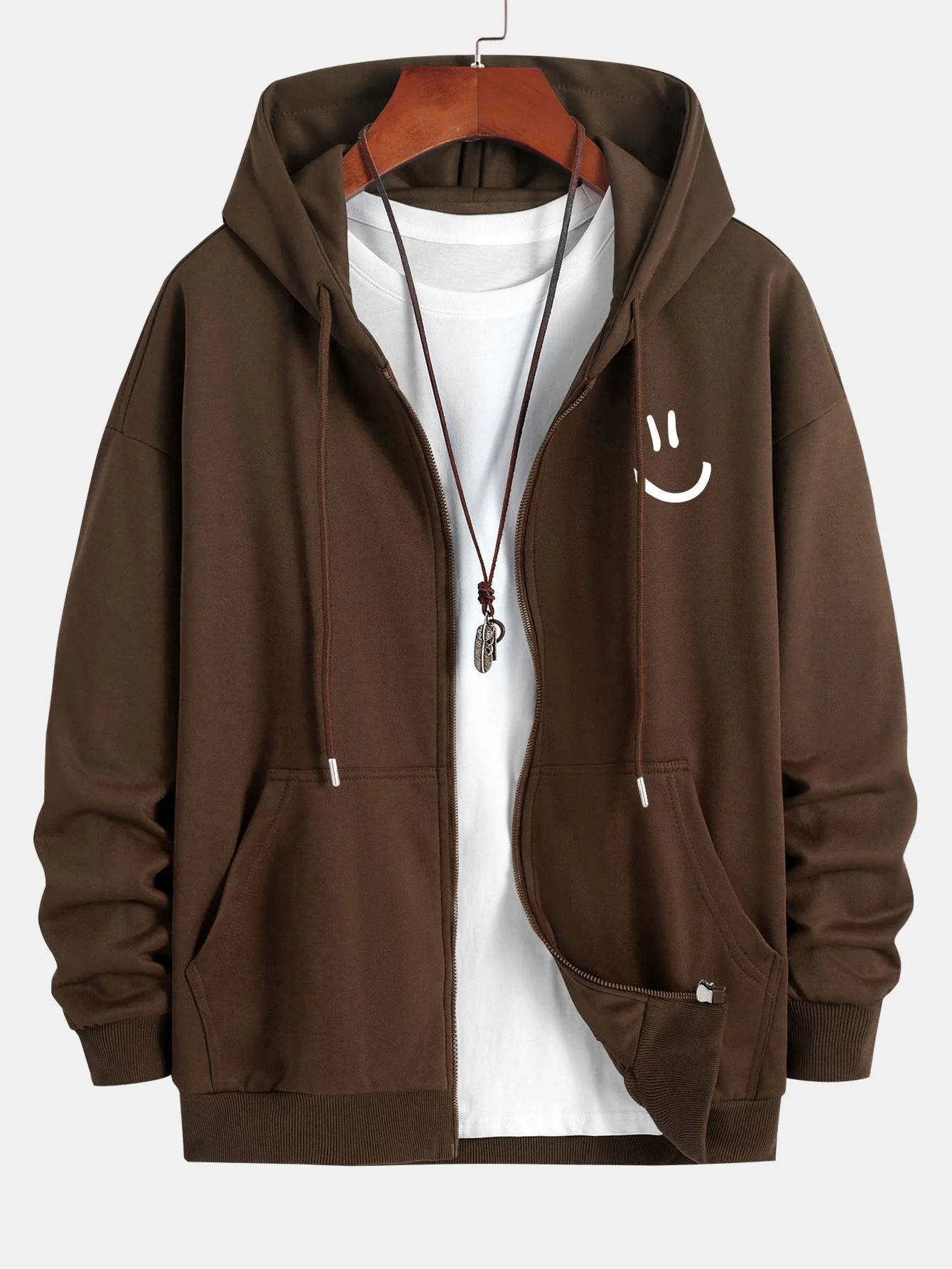 Smiley Face Print Relax Fit Zip Hoodie