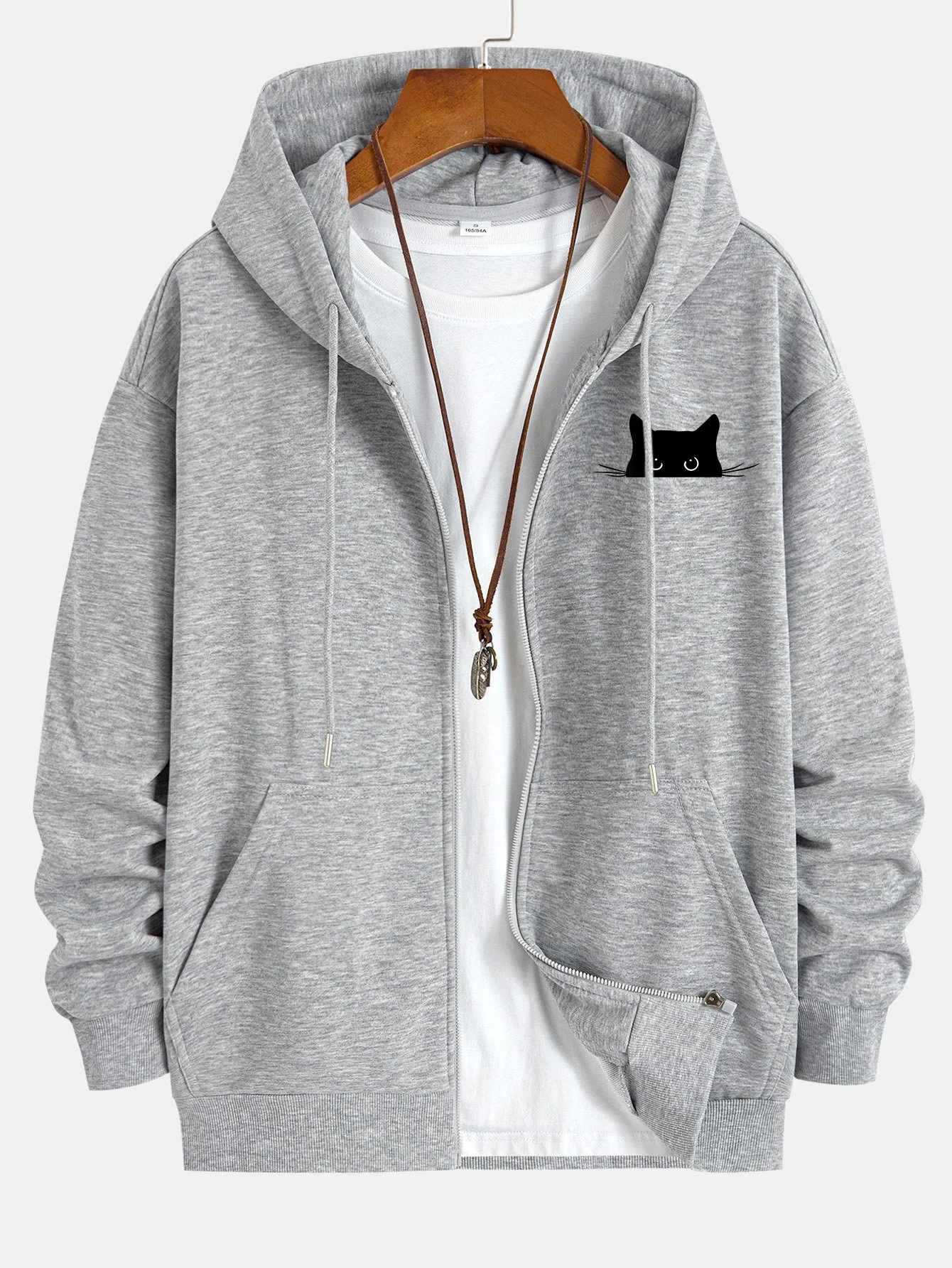 Black Cat Print Relax Fit Zip Hoodie