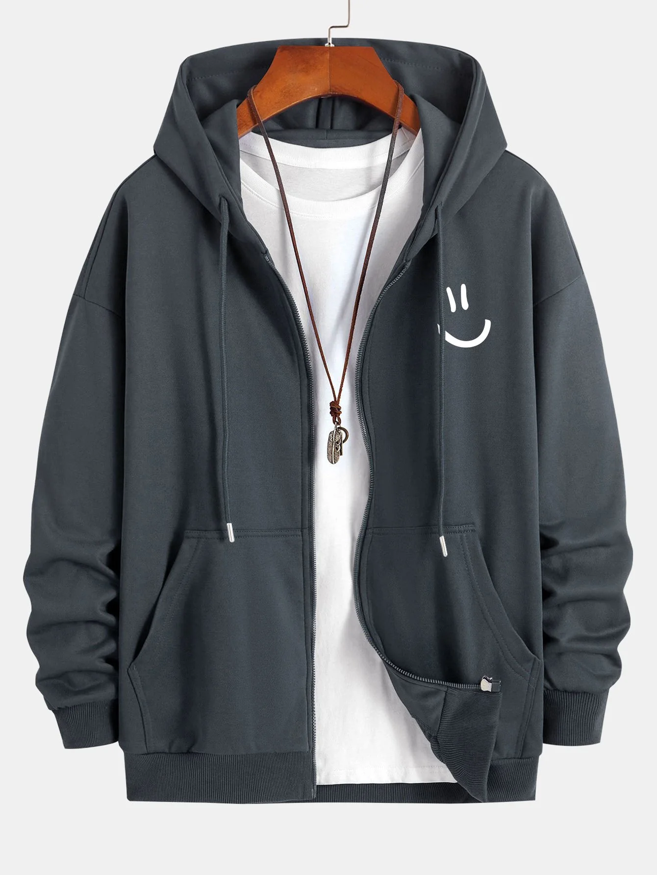 Smiley Face Print Relax Fit Zip Hoodie