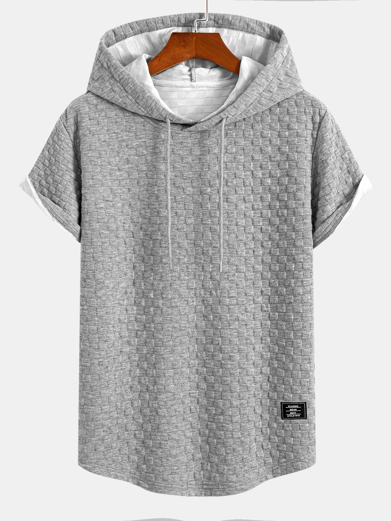 Checkerboard Jacquard  Arc Hem Hooded T-Shirt