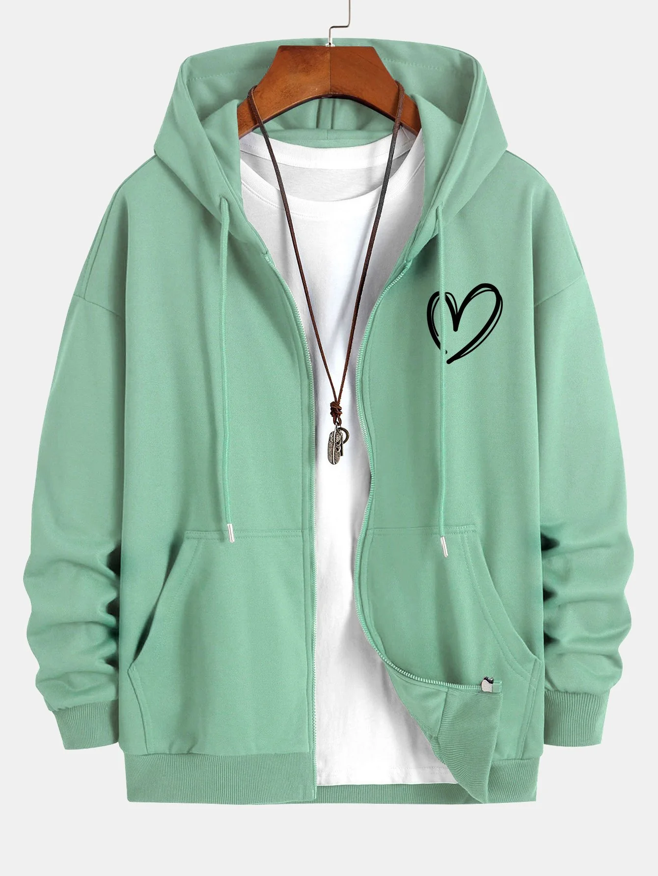 Heart Print Relax Fit Zip Hoodie