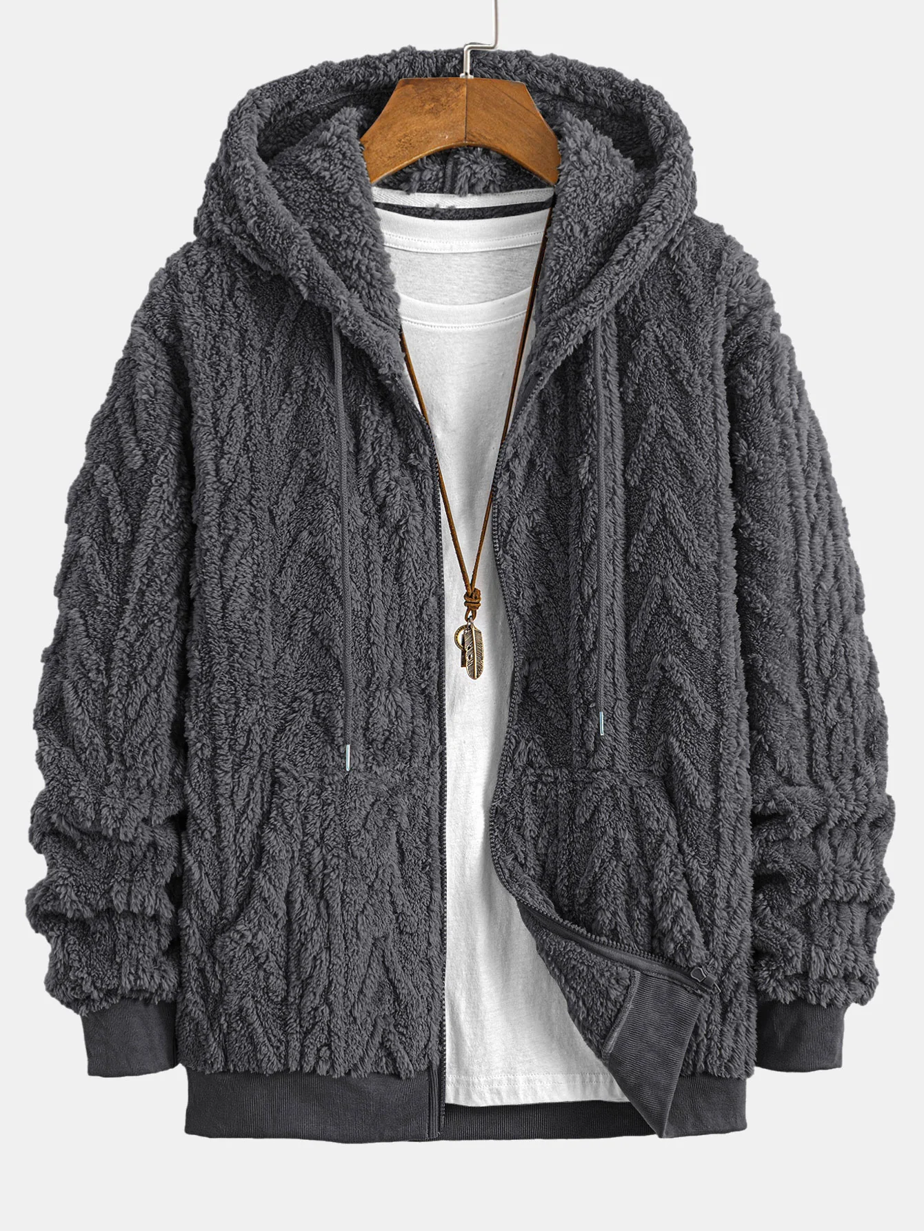 Geometric Jacquard Zip Up Teddy Hoodie